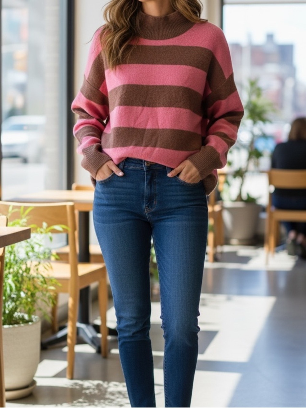 J. Crew Pink and Brown Striped mock neck Sweater extra-soft, women’s small - Picture 9 of 9